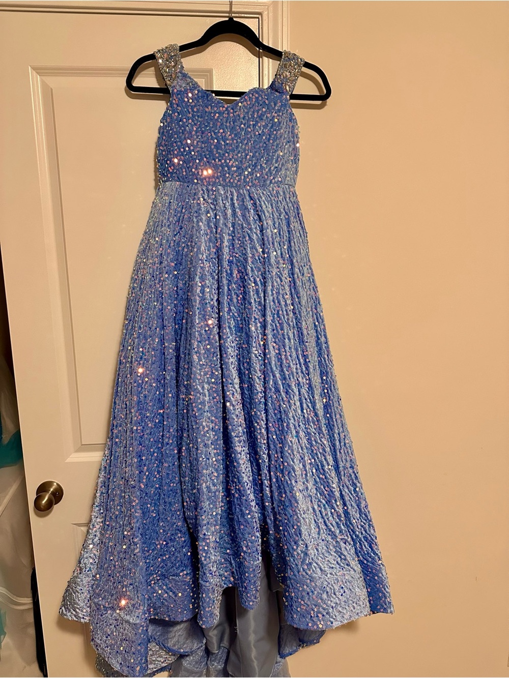 Girls Sparkle Blue Sequin A-Line Dress with Embellished Straps